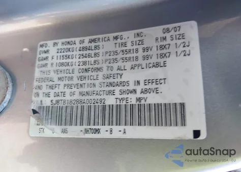 2008 Acura Rdx из США, поврежденный, VIN 5J8TB18288A002492